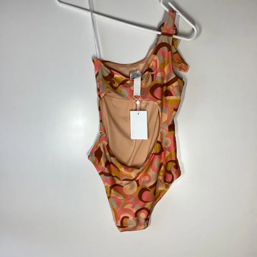 Zimmermann Mae Orange Swirl Print One-Shoulder Buckle Swimsuit NWT Size‎ 4
